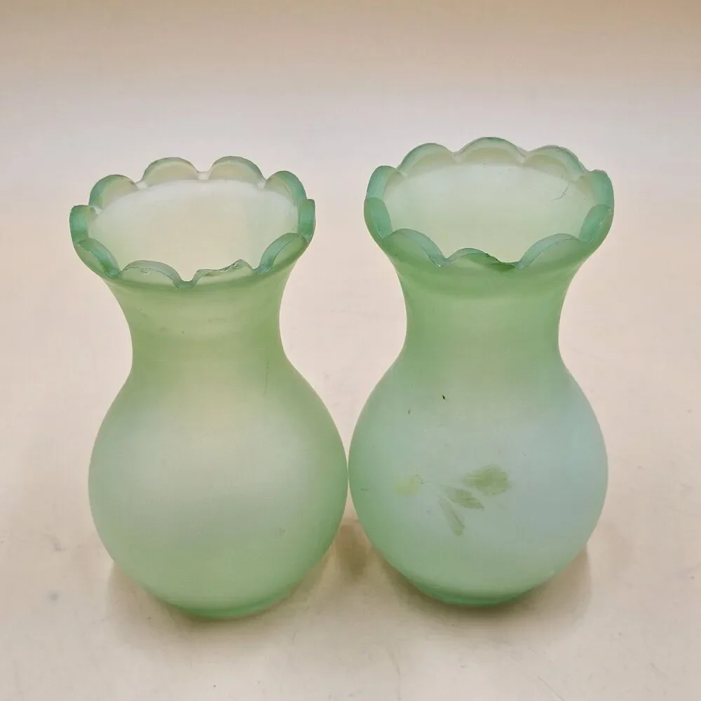 Vintage Viking Glass Frosted Green Uranium Glass Vases 6.25